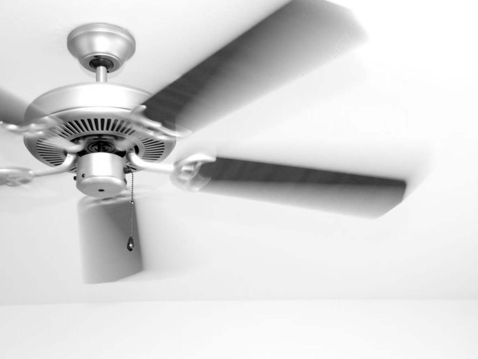 Ceiling fan, Ceiling, White, Mechanical fan, Home appliance, Lighting, Light fixture, Material property, Lighting accessory, Black-and-white, 