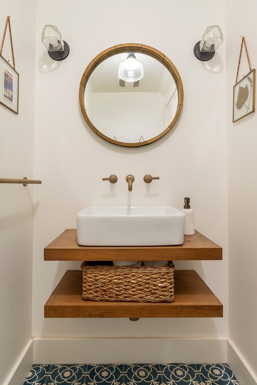 bathroom remodel ideas, white walls with raw wood vanity and round mirror