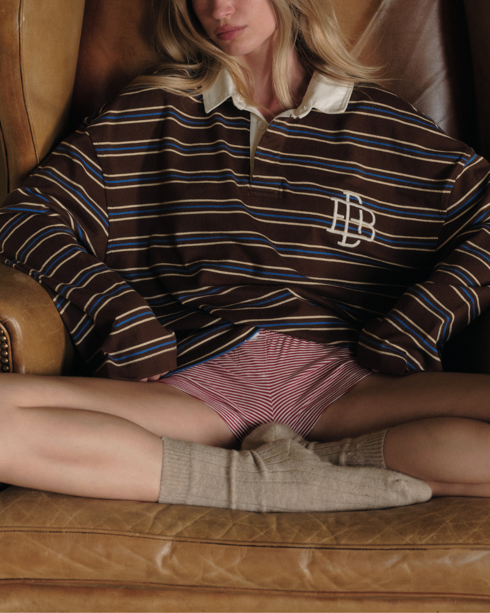 model wearing a striped rugby shirt from the dairy boy collection