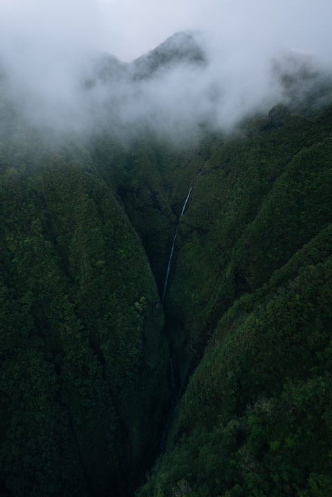 OAHU, HAWAÏ OAHU HAWA Fotograaf Max Lowe beschrijft deze foto als eenvoudig in compositie maar complex in perspectief Het mistige tafereel werd in n opname vastgelegd vanuit de geopende deur van een helikopter die boven Oahus Sacred Falls hing