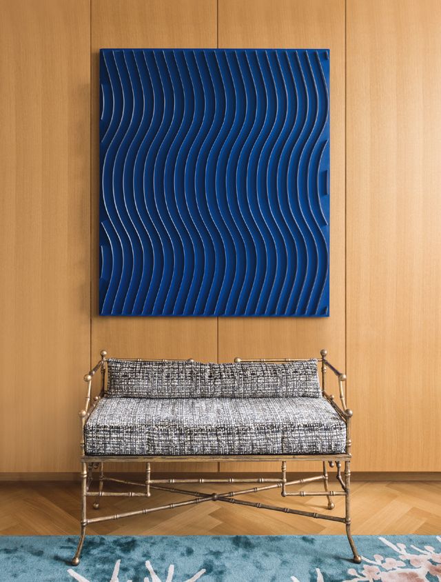 Blue, Furniture, Chair, Wall, Room, Couch, Table, Interior design, Pattern, Rectangle, 