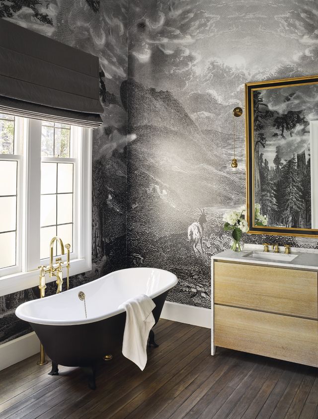Bathroom, Room, Bathtub, Black, Interior design, Floor, Property, Wall, Tile, Black-and-white, 