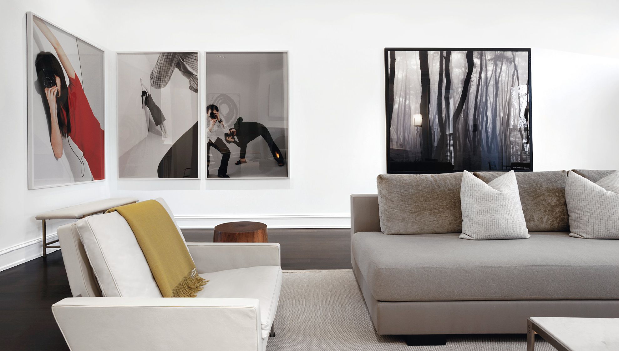 Room, Living room, Furniture, Interior design, Couch, Black-and-white, Wall, Sofa bed, Table, Modern art, 