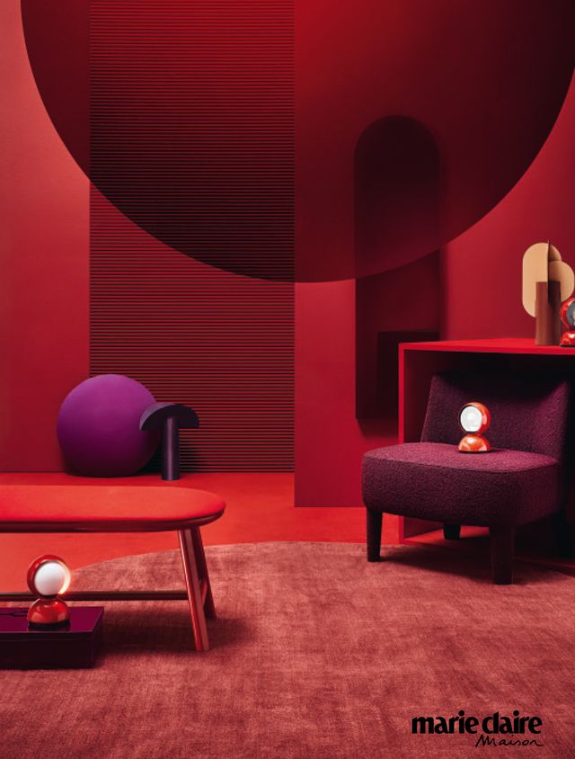 Red, Purple, Interior design, Room, Pink, Violet, Magenta, Furniture, Living room, Floor, 