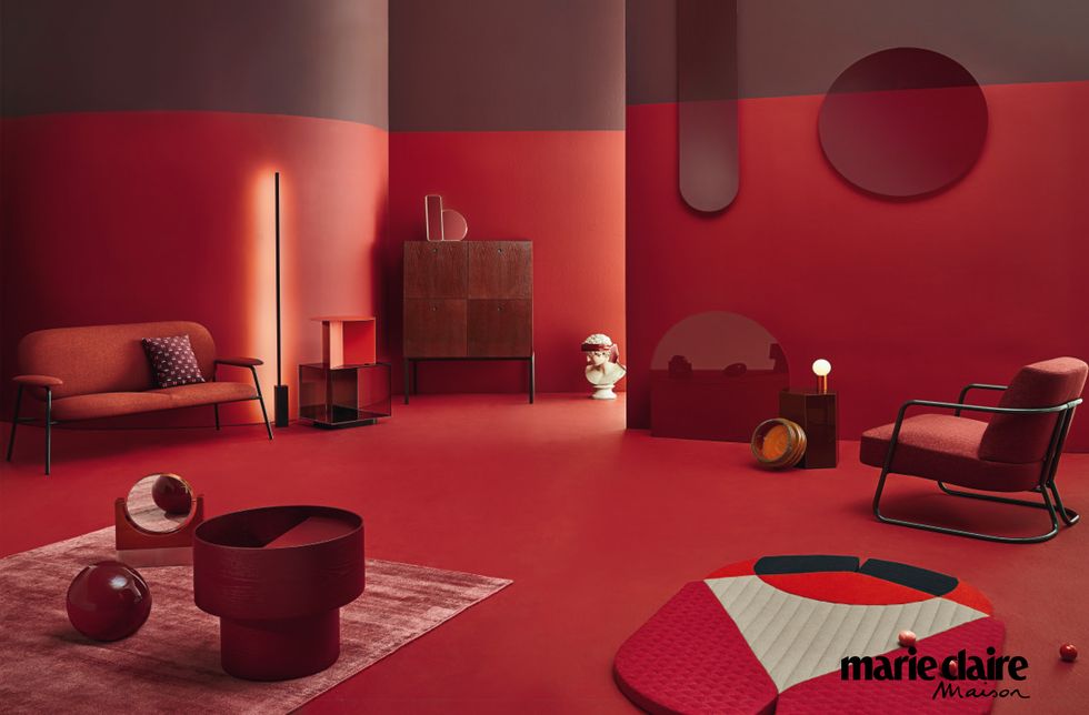 Red, Interior design, Room, Living room, Furniture, Pink, Table, Design, Coffee table, Material property, 