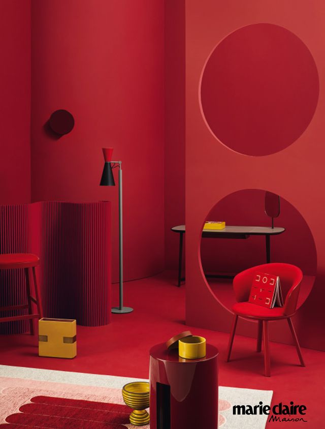 Red, Room, Orange, Interior design, Maroon, Table, Magenta, Furniture, Design, Material property, 