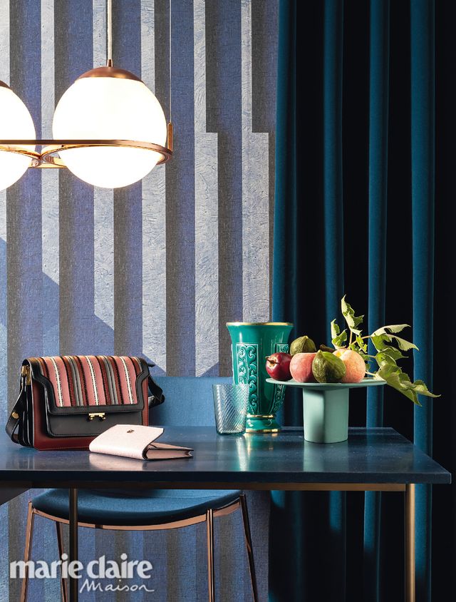 Blue, Green, Interior design, Room, Yellow, Wall, Window covering, Furniture, Curtain, Lampshade, 