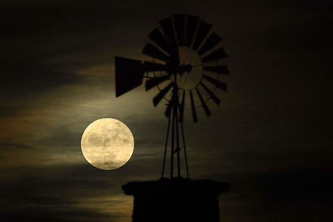 De iconische windmolen van Highlands Ranch wordt verlicht door de supermaan in Highlands Ranch in de Amerikaanse staat Colorado