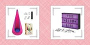 pink hanging pod chair and purple glowing marquee sign