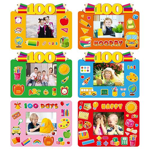 six photo frames with school themed stickers to commemorate the 100th day of school