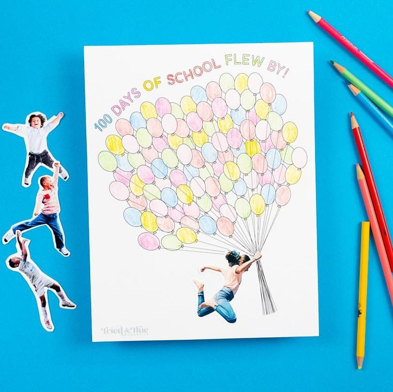 a poster with a photo of a boy holding 100 balloons in honor of the 100th day of school