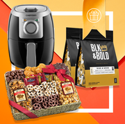 best gifts for foodies including an air fryer, gift basket full of treats, and coffee