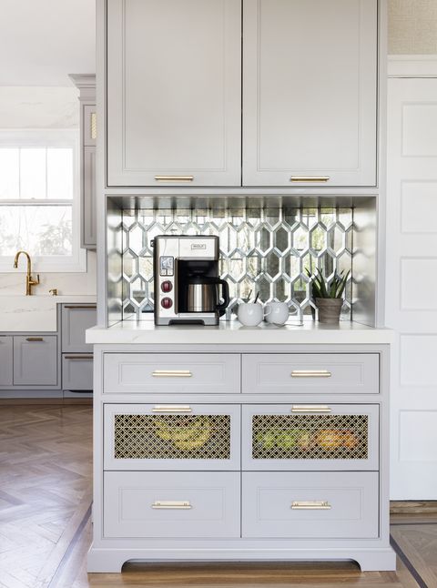 coffee bar ideas, station in kitchen with gold and blue