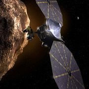 an illustration of nasa's upcoming lucy asteroid mission