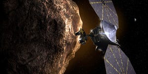 an illustration of nasa's upcoming lucy asteroid mission