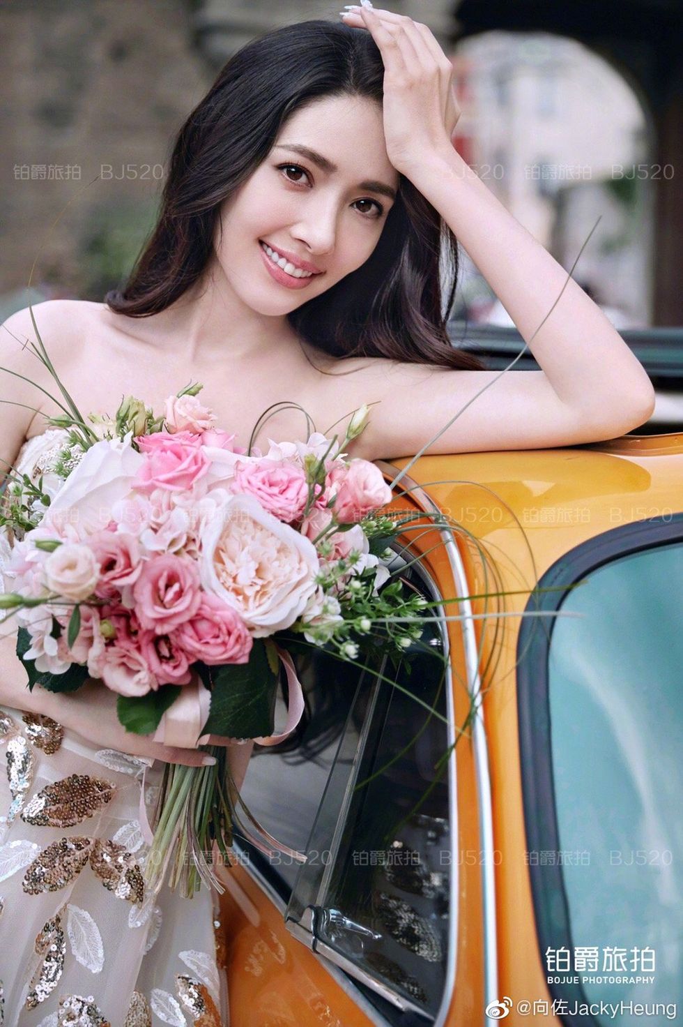 Bouquet, Photograph, Bride, Flower, Beauty, Pink, Dress, Yellow, Flower Arranging, Plant, 