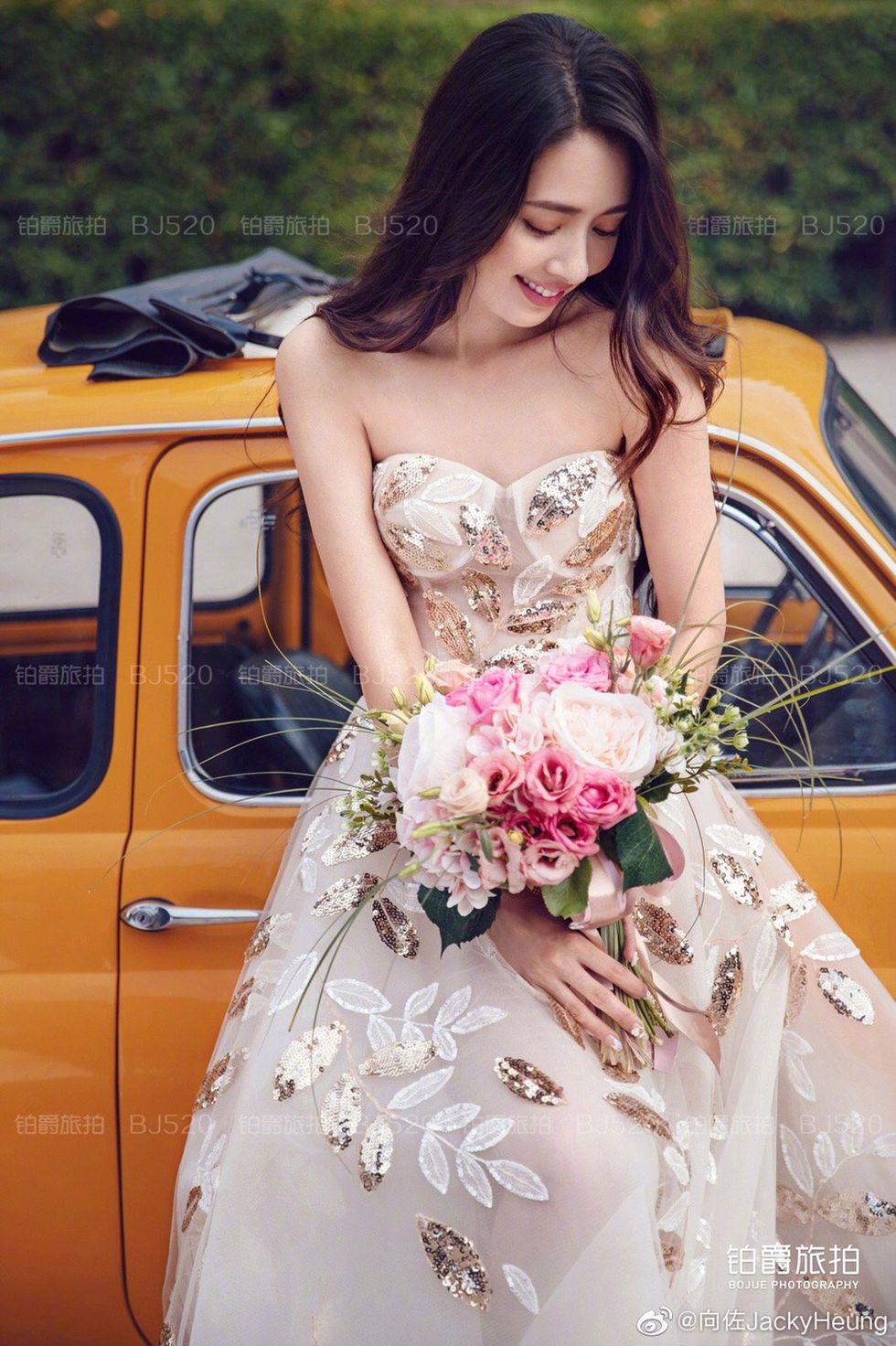 Photograph, Dress, Pink, Bride, Clothing, Gown, Bouquet, Beauty, Wedding dress, Yellow, 