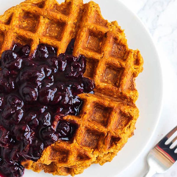 Blender Sweet Potato Waffles with Blueberry Sauce