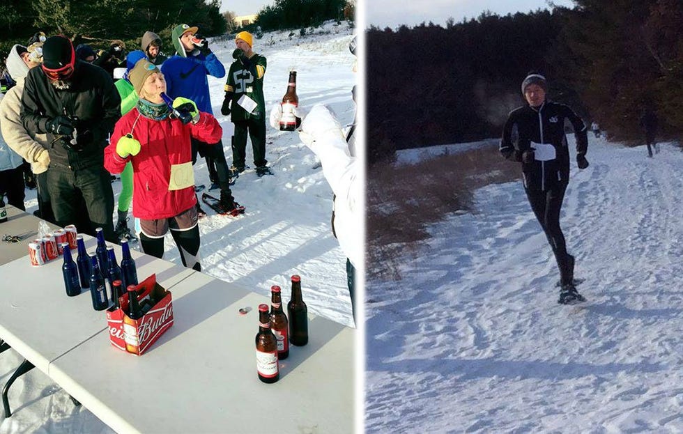 Runners drinking beer, and a racer running on a snow covered course 