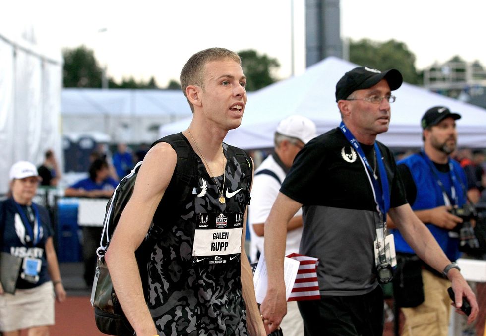 Galen Rupp and Alberto Salazar after the 2015 USATF 10,000 meter championships