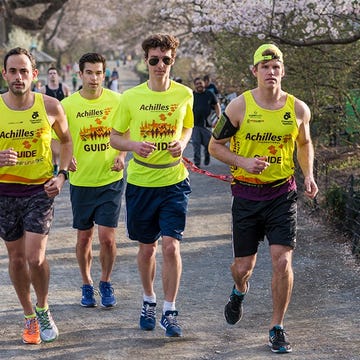 Charles Catherine (middle) and Andrew Tonner (right) train with Matt Leibman 33, (left) and Matt Karr, 34, (middle, back), both of whom guided Charles in the 2016 Boston Marathon. Charles Catherine (middle) and Andrew Tonner (right) train with Matt Leibman 33, (left) and Matt Karr, 34, (middle, back), both of whom guided Charles in the 2016 Boston Marathon.