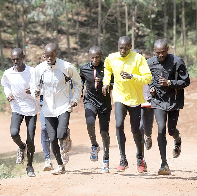 Kenyan runners training in full sweats