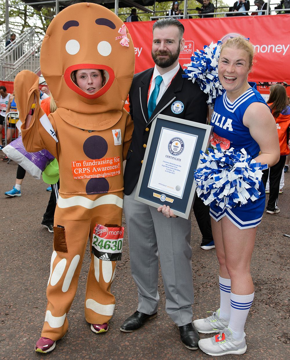 Fastest marathon female dressed as a gingerbread girl, as a cheerleader (female)