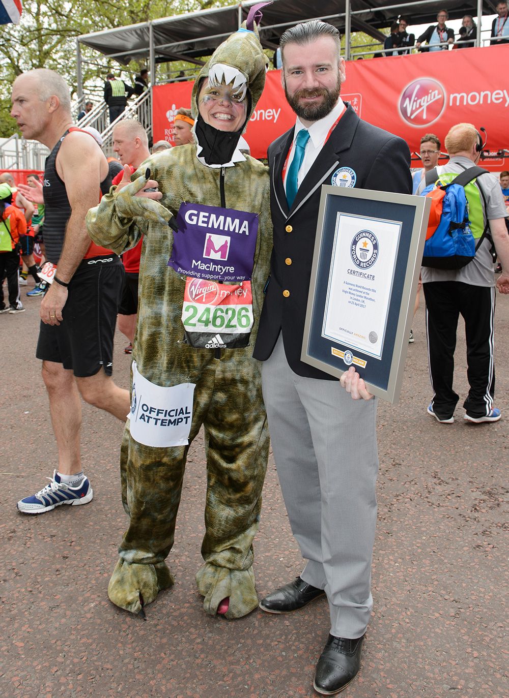 Fastest marathon dressed in a full body dinosaur outfit (female)