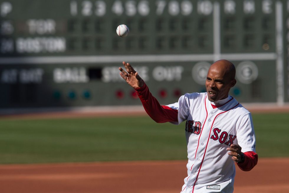 Meb Keflezighi throws first pitch