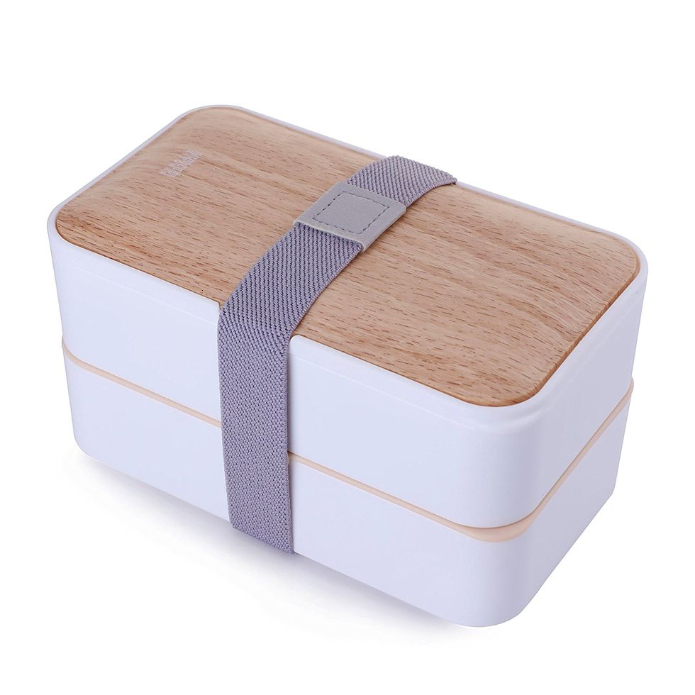 Double-layer Bento Box With Wooden Lid And Strap