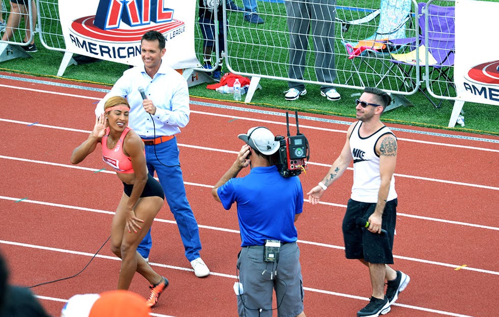 Queen Harrison requests more crowd noise after her 12.72 100 meters hurdles win.