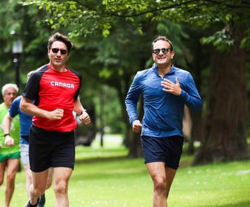 Canadian Prime Minister Justin Trudeau Running with Irish Taoiseach Leo Varadkar