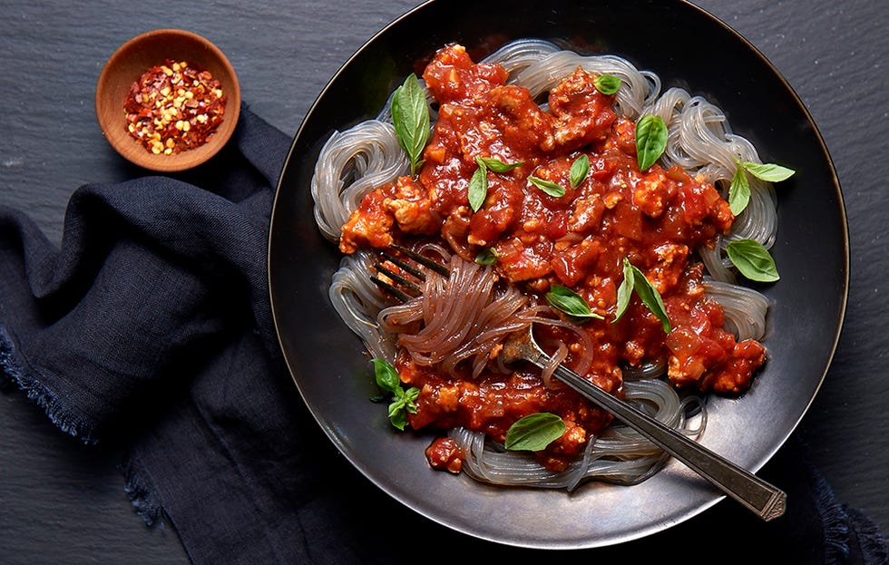 spicy turkey meat sauce and noodles