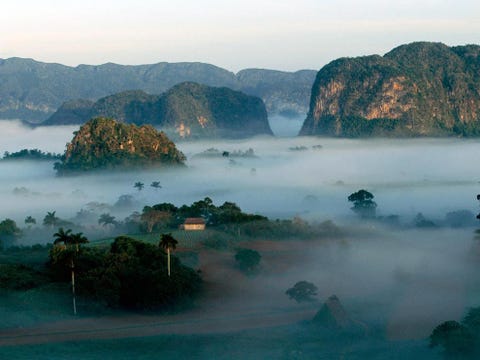 Koepelvormige mogotes in het Nationale Park van Valle de Viales op Cuba doemen op uit een deken van mist Deze geologische formaties dateren uit het tijdperk van het Mesozocum toen op de bodem van de zee lagen van kalksteen werden afgezet In de loop der tijd werden deze kalksteenformaties door de inwerking van zure chemicalin en de erosie van wind en water tot mogotes gevormd