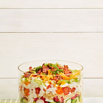 11 layer salad in a deep glass dish