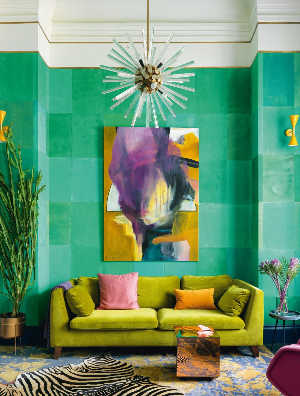 Living room, Green, Room, Interior design, Purple, Turquoise, Yellow, Couch, Furniture, Wall, 
