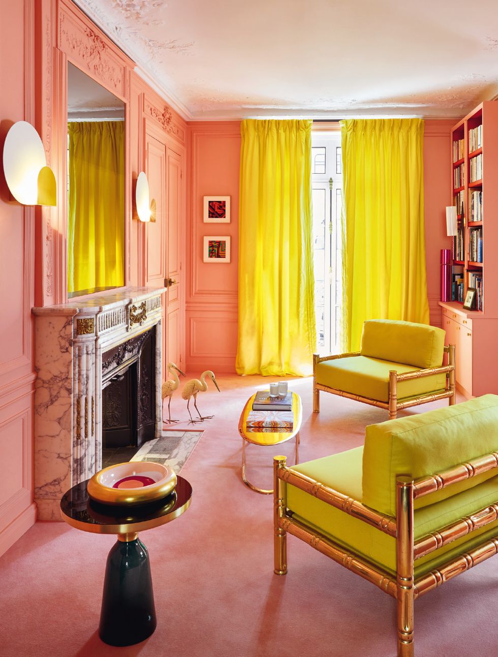 Room, Furniture, Orange, Interior design, Yellow, Living room, Property, Red, Curtain, Building, 