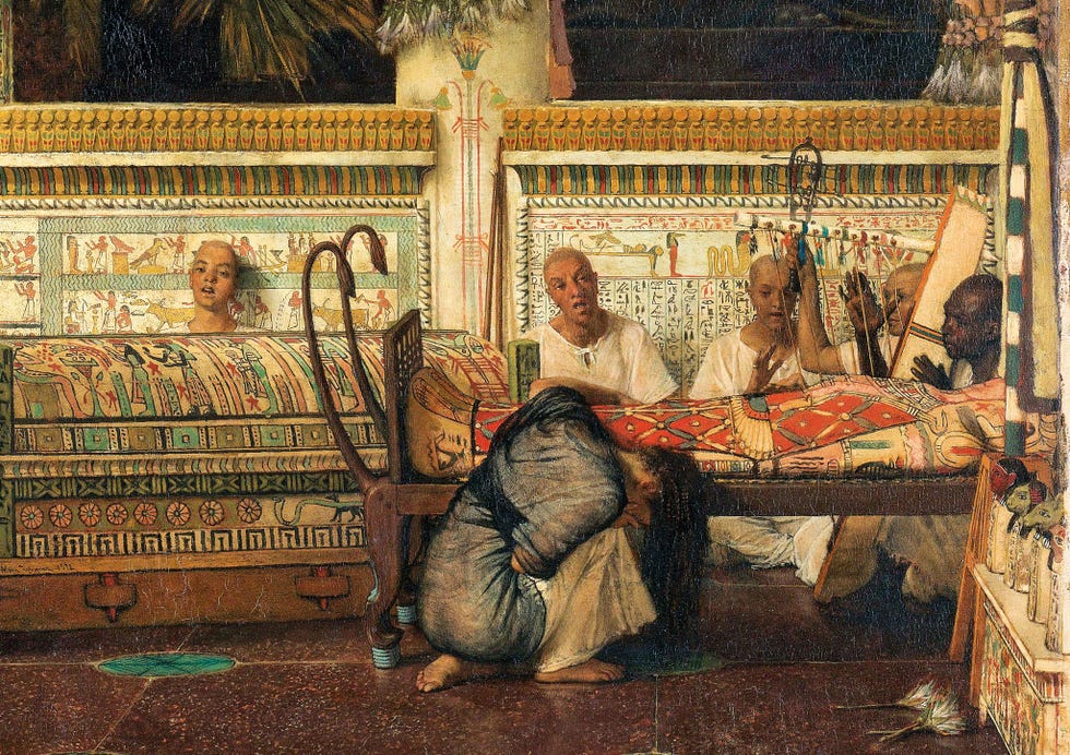 Een Egyptische weduwe rouwt om haar gemummificeerde echtgenoot in dit schilderij uit 1872 van Lawrence AlmaTadema Hoewel hij van het bestaan van het pigment mummiebruin af wist is niet bekend of de kunstenaar het in dit schilderij heeft gebruikt