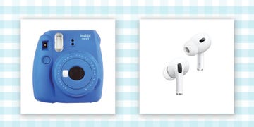 instant print camera in blue and airpods