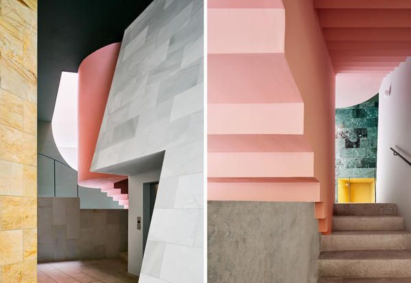 Architecture, Property, Wall, Stairs, Interior design, Pink, House, Room, Building, Home, 