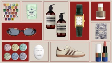 collection of luxury fashion and lifestyle items on a decorative background