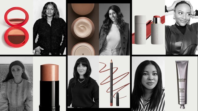 a grid showcasing various beauty products and models