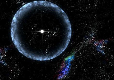 Deze illustratie toont een neutronenster op 50000 lichtjaar van de Aarde die in december 2004 tot zn felle uitbarsting kwam dat hij talloze ruimtetelescopen tijdelijk verblindde en de bovenste atmosfeer van de Aarde deed oplichten De monsterexplosie vond plaats toen de buitenmantel van de neutronenster werd opengescheurd door zijn eigen kolossaal sterke en verwrongen magnetische veld wat leidde tot een vloed van gammastraling
