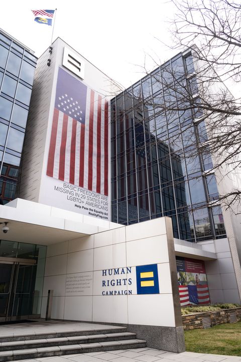 an 85 foot long banner featuring the “reality flag” is unveiled on the front of the human rights campaign headquarters on wednesday, feb 23, 2022, in washington the banner calls attention to the basic freedoms that are missing for lgbtq americans in 29 states  kevin wolfap images for human rights campaign