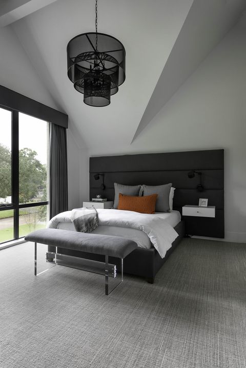 Bedroom, Furniture, Room, Bed, Ceiling, Interior design, Floor, Black-and-white, Property, Bed frame, 