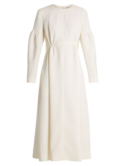 Clothing, White, Dress, Sleeve, Outerwear, Day dress, Beige, Gown, Robe, Neck, 