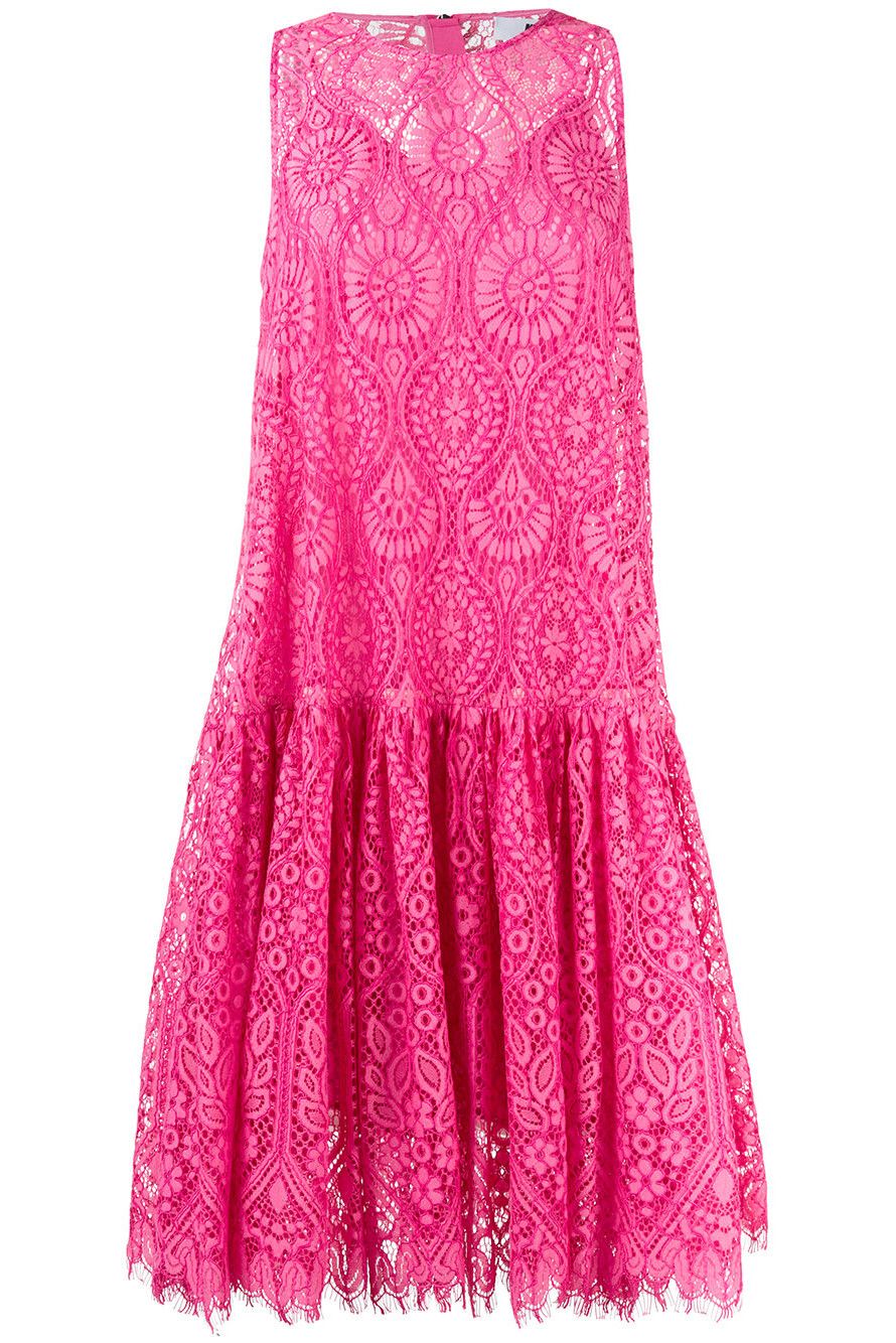 Clothing, Dress, Pink, Day dress, Magenta, A-line, Cocktail dress, Sleeve, Lace, Strapless dress, 