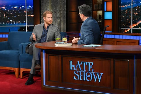 The Late Late Show com Stephen Colbert e o príncipe convidado Harry, duque de Sussex, durante o show de terça-feira, 10 de janeiro de 2023