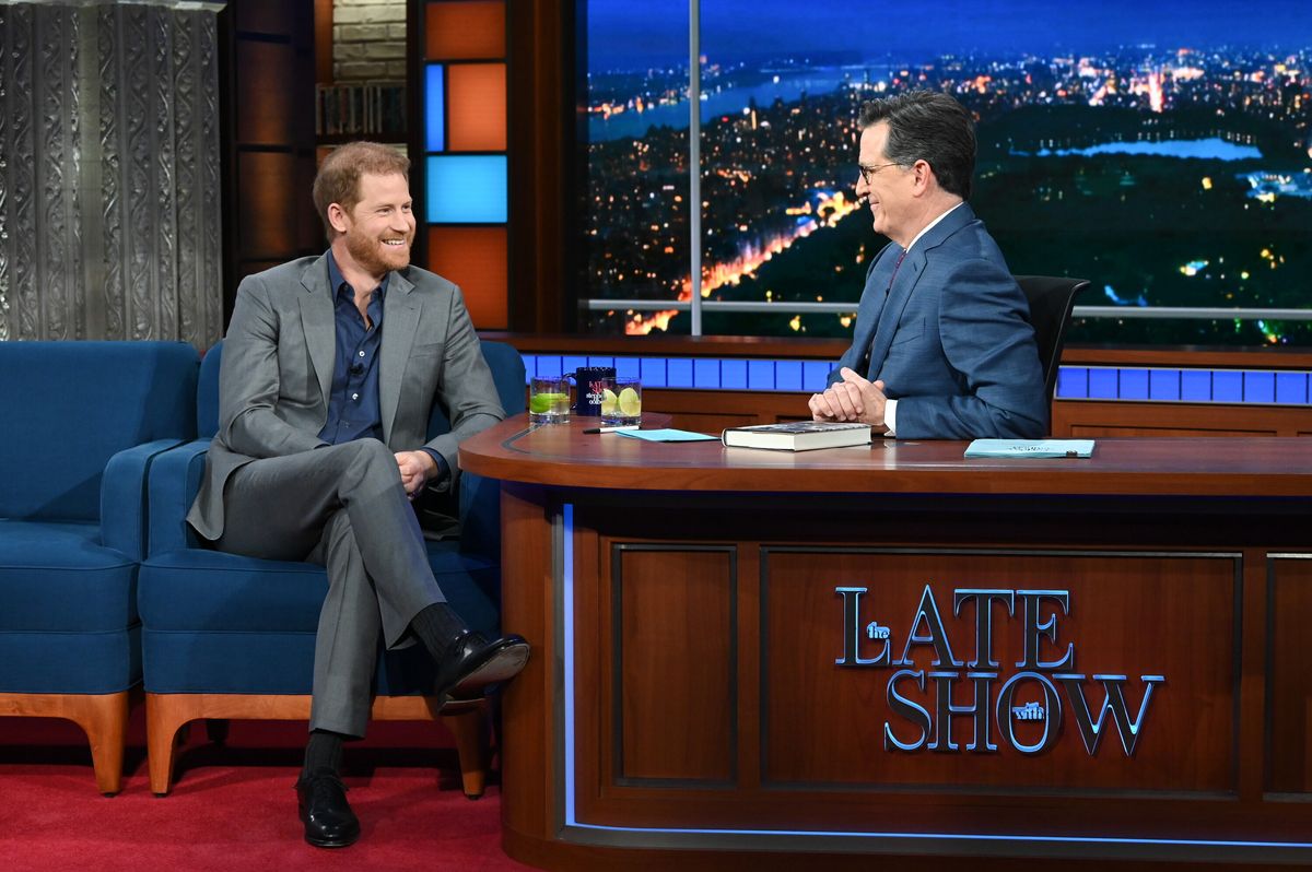 the late show with stephen colbert and guest prince harry, the duke of sussex, during tuesday’s january 10, 2023 show photo scott kowalchykcbs ©2022 cbs broadcasting inc all rights reserved