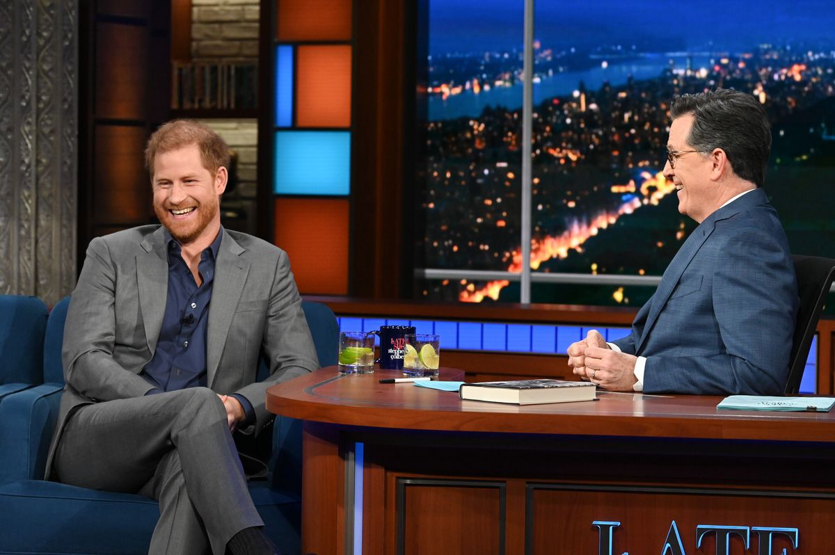 the late show with stephen colbert and guest prince harry, the duke of sussex, during tuesday’s january 10, 2023 show photo scott kowalchykcbs ©2022 cbs broadcasting inc all rights reserved